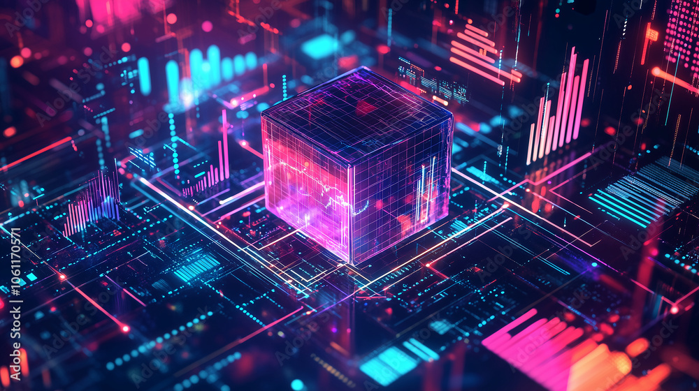 Aufkleber A glowing digital cube floats in a neon cyber grid with vibrant data visuals. Perfect for themes of technology, data science, AI, and blockchain innovation.