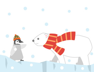氷河の上を歩く赤いマフラーをつけた可愛いシロクマと帽子をかぶっているペンギンのイラスト