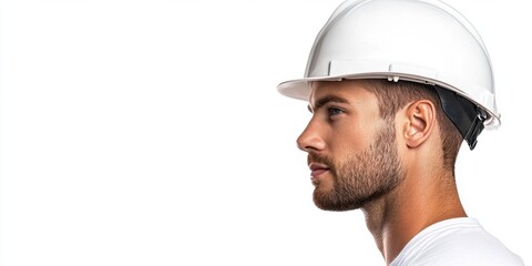 A profile view of a civil engineer wearing a white hard hat, depicting safety and professionalism in a construction or industrial setting.