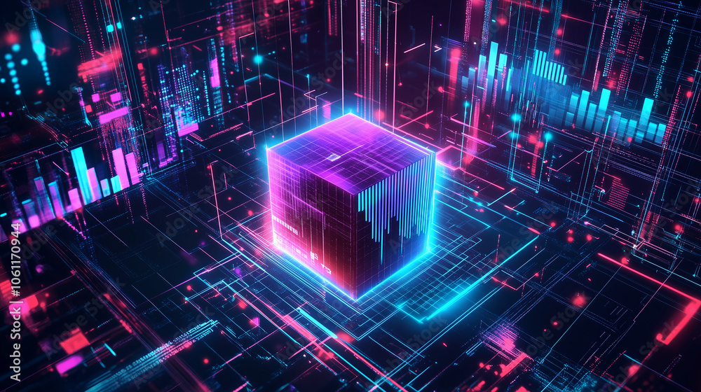 Poster a glowing cube sits at the center of a digital network