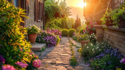 a view of a luxuriously landscaped backyard at sunset. A beautiful view of the walkway, flowers, and greenery.