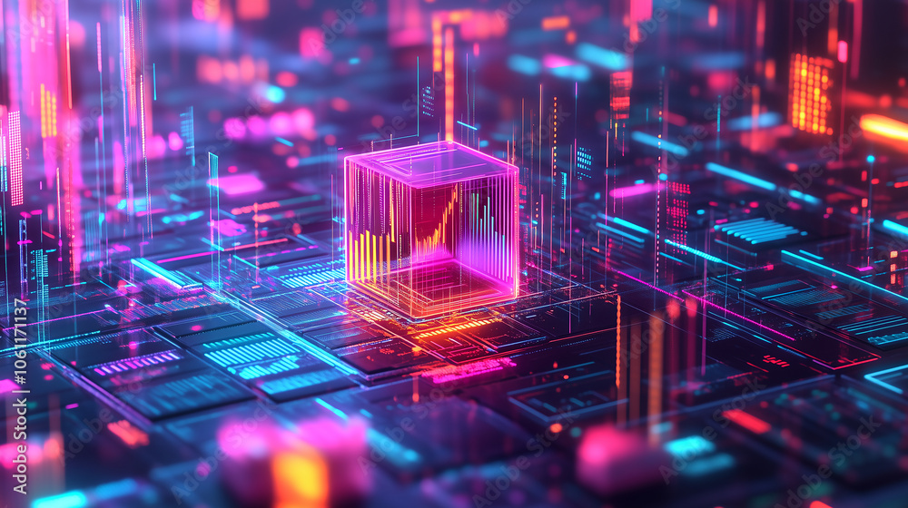 Poster a glowing cube sits on a complex circuit board, surrounded by vibrant lines of pink and blue light