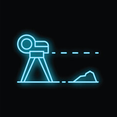 Cyan neon icon of a total station, a surveying instrument measuring angles and distances, used in topography and construction