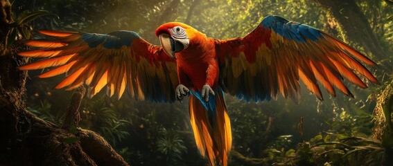 A vibrant macaw spreads its wings in a lush rainforest setting, showcasing nature's beauty.