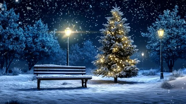 a christmas scene with a bench and trees. seamless looping time-lapse virtual 4k video animation background