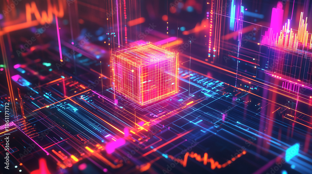 Aufkleber a glowing cube sits on a digital circuit board, surrounded by vibrant lines of code