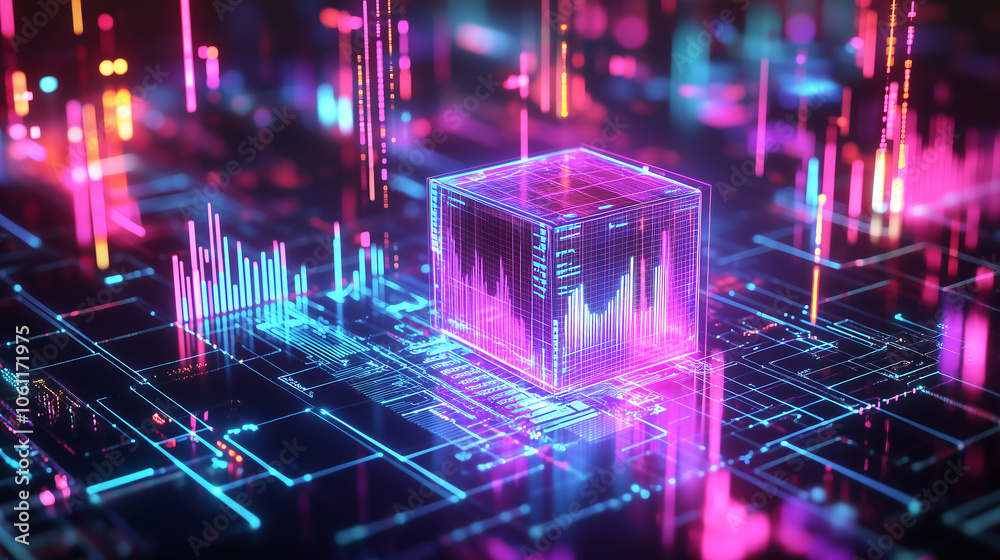 Poster a glowing cube sits on a futuristic circuit board, with neon lights reflecting off the surface