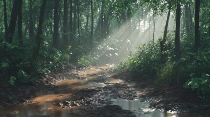 Fototapeta premium A serene forest scene with sunlight filtering through trees and a winding stream.