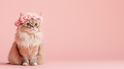 A fluffy cat wearing a floral crown sits elegantly against a pink background.