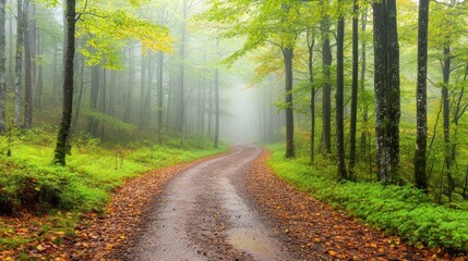 Obraz premium A winding path through a misty forest with vibrant autumn foliage.