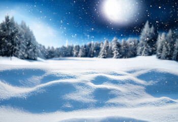 Fototapeta premium A snowy, moonlit forest scene with a bright full moon and snow falling.