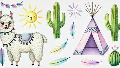 Fototapeta premium Watercolor illustration featuring a cute llama, cacti, colorful feathers, a teepee, and a smiling sun, creating a whimsical and vibrant scene