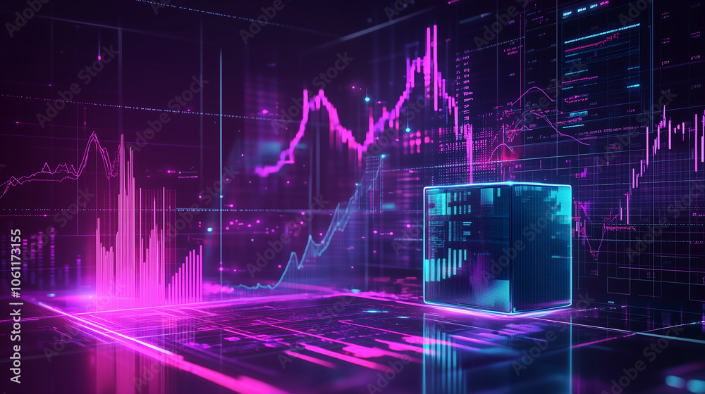 Poster a glowing blue cube sits on a digital platform with pink lines in a digital landscape