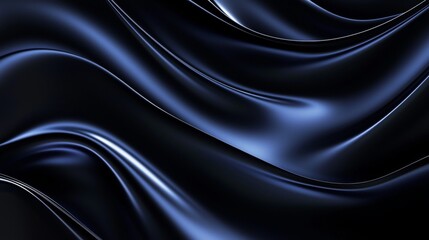 Smooth, luxurious dark blue satin fabric flows and waves elegantly, creating a beautiful abstract pattern with highlights and shadows