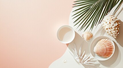 Summer composition featuring seashells, a palm leaf, and a skincare product arranged on a pastel background, creating a stylish and refreshing flat lay with copy space