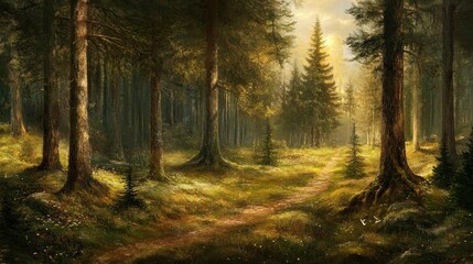 Naklejka premium A serene forest scene with tall trees, sunlight filtering through, and a winding path.