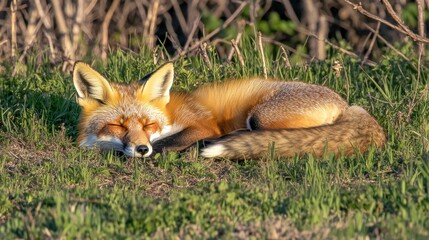 Obraz premium A red fox peacefully sleeping on green grass in a natural setting.