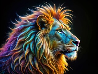 Fototapeta premium Colorful Neon Lion Face Side View - Tilt-Shift Photography Style Illustration on Black Background