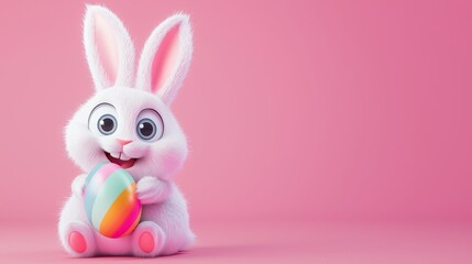 Obraz premium Adorable white easter bunny sitting and joyfully holding a vibrant, colorful easter egg against a cheerful pink backdrop, creating a festive and playful scene