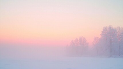 Obraz premium Snow covered trees and ground are barely visible through the dense fog under a beautiful pastel colored sky during sunrise in winter