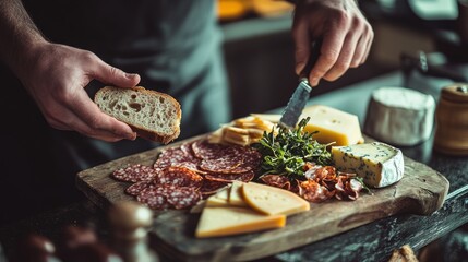 A person prepares a charcuterie board with various cheeses, meats, and greens.