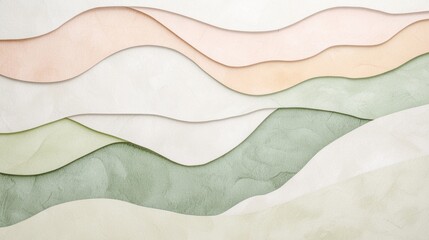 Soft pastel hues of pink, green, and white blend seamlessly in a calming abstract landscape, creating a tranquil and inviting atmosphere through gentle, undulating layers