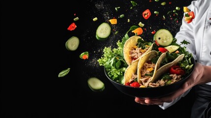A chef presenting a vibrant salad bowl with tacos and flying vegetables.