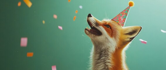 A joyful fox wearing a party hat amidst colorful confetti, celebrating a festive occasion.