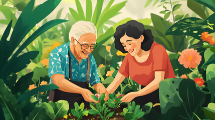 Fototapeta premium Joyful Elderly Couple Gardening Together in Backyard