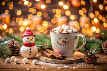 Cozy Christmas Hot Chocolate with Marshmallow Snowman Surrounded by Bokeh Lights for Festive Warmth and Joyful Holiday Vibes