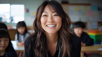 教室で若い生徒たちと交流する笑顔の教師