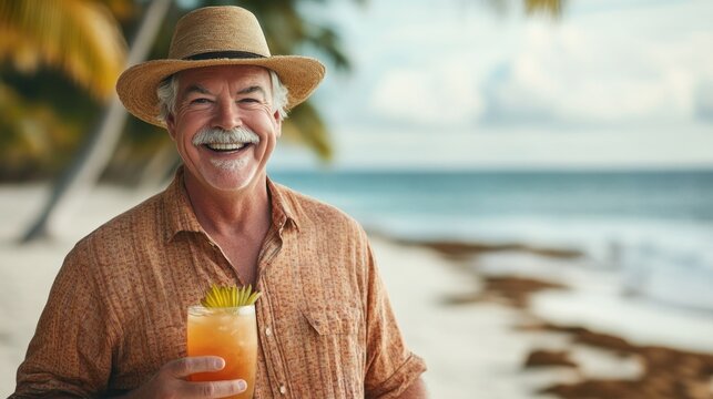A smiling man enjoys a tropical drink on a beach, embodying relaxation and leisure.