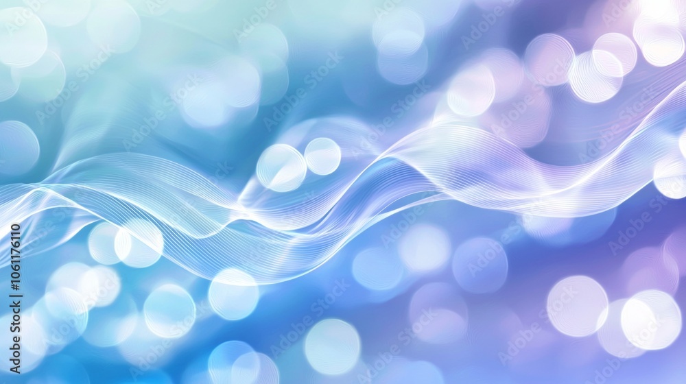 Poster smooth light blue wavy lines flowing over a blurred bokeh effect background creating a serene and el
