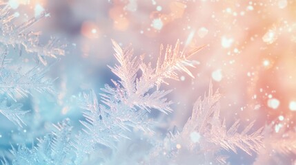 Beautiful ice crystals form intricate patterns on a frosted window, creating a magical winter wonderland scene with soft pastel colors and falling snow