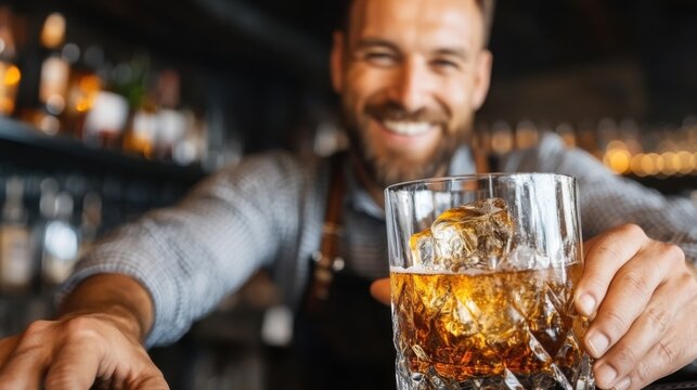 居心地の良いバーの雰囲気の中で、ロックのウイスキーを提供する笑顔のバーテンダー