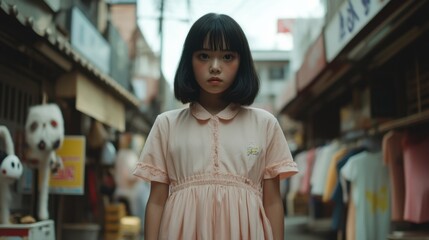 Fototapeta premium 賑やかな屋外市場に立つ、ピンクのドレスを着た穏やかな女の子