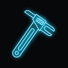 Glowing neon blue wrench tool is isolated on a black background