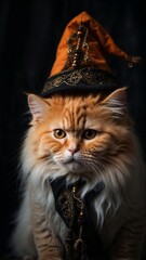 Charming Persian Cat in an Intricate Black Wizard Hat Capturing the Essence of Magical Wonder