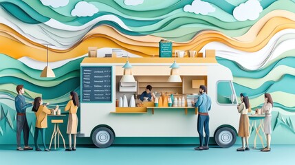A vibrant food truck scene with people enjoying drinks and snacks in a colorful setting.