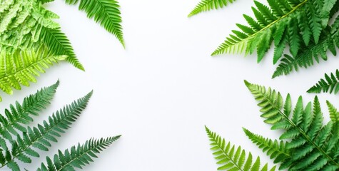 A composition of green ferns arranged around a blank space for text or design.