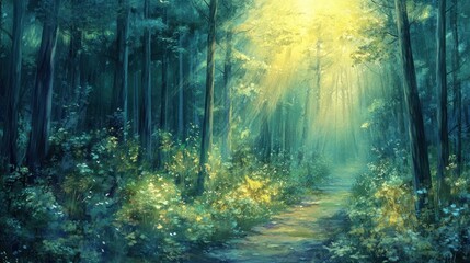 Fototapeta premium A serene forest path illuminated by soft sunlight, inviting tranquility and reflection.