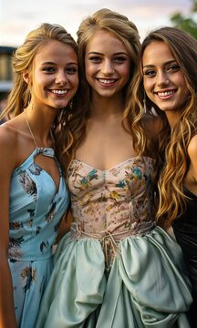Picture of lovely adolescent buddies in prom gowns in a parking lot
