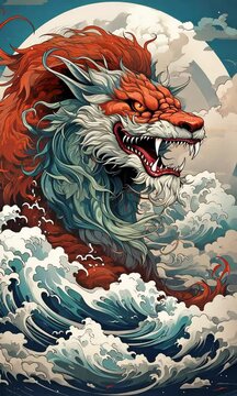 Illustration of a typical Chinese dragon flying through the clouds. Famous in Chinese culture and legend is this dragon.
