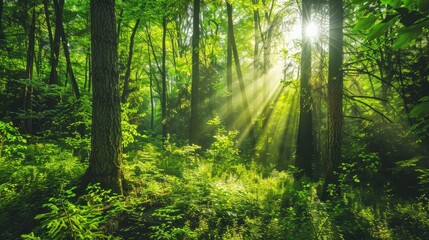 Obraz premium Beautiful Summer Day in a Green Forest with Sunlight Filtering Through