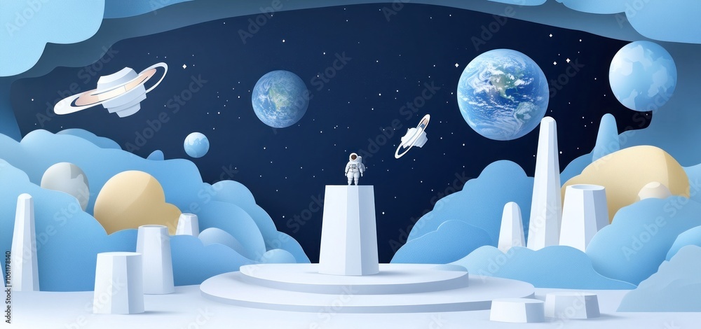Wall mural a serene space scene featuring an astronaut amidst planets and clouds.