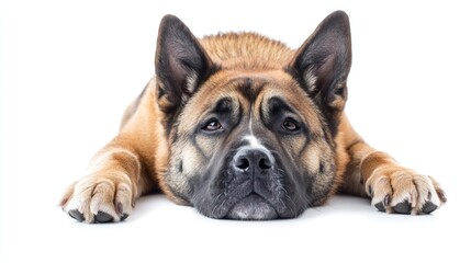 Obraz premium A close-up of a resting dog with a calm expression on a white background.