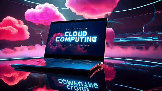 Laptop with neon 'cloud computing' text on screen surrounded by pink and blue clouds.