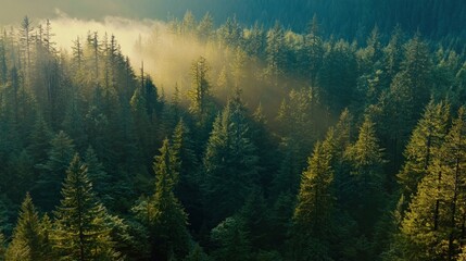 A serene forest landscape with mist and sunlight filtering through tall trees.