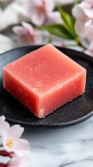 大理石の背景に桜が描かれた手作りのピンクの石鹸