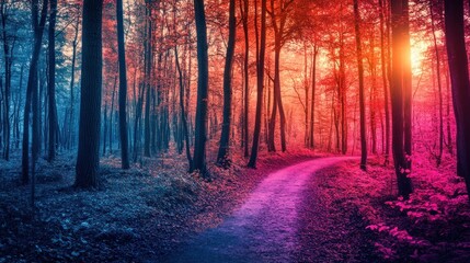 Obraz premium A vibrant forest path illuminated by colorful light, creating a surreal atmosphere.